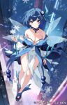  1girl bare_legs bare_shoulders blue_eyes blue_hair bob_cut bow breasts breasts_apart choker copyright_name covered_navel fairy_wings from_above furisode_sleeves hair_ornament hand_up high_heels large_bow leaf_hair_ornament off-shoulder_leotard off-shoulder_shirt off_shoulder official_art parted_lips pelvic_curtain piruluk puffy_sleeves pumps shirt snowflakes solo standing wings wixoss yon_(letter) 