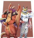 absurd_res anthro balls bodily_fluids bottomless clothed clothing dragon drunk duo felid feline flexing genital_fluids genitals hair hi_res holding_penis humanoid_genitalia humanoid_penis justice_(zenshu) leaking_precum male mammal muscular muscular_anthro muscular_male mythological_creature mythological_scalie mythology partially_clothed penis penis_poking_out penis_through_fly precum purple_hair scalie serval serval_cat_mask_(zenshu) substance_intoxication teastuff topwear topwear_only vest vest_only wings zenshu