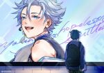  2boys :d artist_name backpack bag billboard black_bag black_shirt blue_cardigan blue_eyes blue_hair blush book cardigan chongyun_(2nd_anniversary)_(genshin_impact) chongyun_(genshin_impact) colored_eyelashes commentary cowboy_shot earrings english_commentary facing_away from_behind genshin_impact green_pants hair_between_eyes holding holding_book jewelry long_sleeves looking_at_viewer looking_to_the_side male_focus meme mikanchii multiple_boys official_alternate_costume open_mouth pants parted_bangs plaid_clothes plaid_pants school_uniform shirt short_hair single_earring sleeveless sleeveless_shirt smile standing tassel tassel_earrings teeth twitter_username upper_teeth_only veil_(manga) veil_scene_14_redraw_(meme) xingqiu_(genshin_impact) xingqiu_(gigo)_(genshin_impact) 