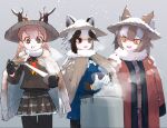  3girls adapted_costume alternate_costume animal_ears antlers antlers_through_headwear black_pants black_pantyhose black_trim blue_skirt bow bowtie braid brown_eyes brown_fur brown_hair brown_shirt brown_skirt brown_sweater cloak cowboy_shot deer_antlers deer_ears deer_girl ears_through_headwear eating extra_ears food fur_collar fur_trim gloves hair_between_eyes hat highres horns japanese_clothes japanese_wolf_(kemono_friends) kemono_friends long_sleeves mochi multicolored_hair multiple_girls neckerchief pants pantyhose pleated_skirt raccoon_ears raccoon_girl raccoon_tail red_cloak red_neckerchief rice_hat sailor_collar school_uniform serafuku shawl shirt sidelocks sika_deer_(kemono_friends) skirt snow steam sweater tail tanuki_(kemono_friends) twin_braids two-tone_hair white_bow white_bowtie white_fur white_gloves white_hair wolf_ears wolf_girl yappa_muri 