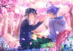  2boys ^_^ ahoge artist_name black_socks blanket blue_cardigan blue_eyes blue_hair blurry blurry_foreground blush box branch can cardigan cherry_blossoms chongyun_(genshin_impact) chongyun_(gigo)_(genshin_impact) closed_eyes collared_shirt colored_eyelashes commentary cookie cup drink_can earrings english_commentary falling_petals flower food food_request forest from_behind genshin_impact grass green_pants hair_between_eyes hand_up holding holding_can holding_plate hood hood_down hoodie jewelry long_sleeves male_focus mikanchii multiple_boys nature official_alternate_costume open_mouth pants petals picnic picnic_blanket pink_flower plaid_clothes plaid_pants plate ponytail school_uniform seiza shirt short_hair short_ponytail single_earring sitting sleeves_past_wrists sleeves_rolled_up smile socks tassel tassel_earrings tokyo_treat tree watermark white_hoodie white_shirt xingqiu_(genshin_impact) xingqiu_(gigo)_(genshin_impact) 