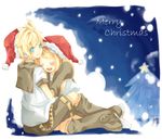  1girl bad_id bad_pixiv_id blonde_hair brother_and_sister christmas detached_sleeves hat headphones kagamine_len kagamine_rin merry_christmas mugi_(twinbox) santa_hat short_hair siblings twins vocaloid 