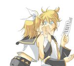  1girl aira_(exp) blonde_hair blue_eyes brother_and_sister closed_eyes detached_sleeves kagamine_len kagamine_rin lowres sheet_music short_hair siblings smile treble_clef twins vocaloid 