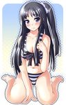  akiyama_mio barefoot bikini black_eyes black_hair k-on! long_hair makkemi ponytail solo striped striped_bikini swimsuit 