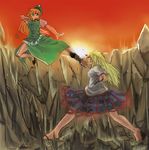  battle blonde_hair braid chain china_dress chinese_clothes dress duel flying_kick hat hong_meiling horn hoshiguma_yuugi kicking muhamado multiple_girls punching red_hair sunset touhou 