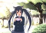  amamiya_minato animal_ears black_hair blazer box brown_eyes buttons cat_ears heart heart-shaped_box jacket k-on! leaf light_rays long_hair nakano_azusa school_uniform shy solo sunbeam sunlight tree tsurime twintails valentine wind 