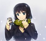  black_hair blue_eyes breath can coat face green_scarf long_hair looking_at_viewer original plaid plaid_scarf scarf smile snow snowing solo upper_body yanagi_(tsukiakari) 