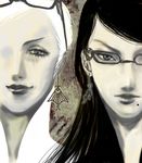  bad_id bad_pixiv_id bayonetta bayonetta_(character) black_hair black_vs_white earrings glasses jeanne_(bayonetta) jewelry long_hair mole mole_under_mouth monochrome multiple_girls silver_hair uraku yellow 