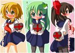  alternate_costume bad_id bad_pixiv_id blonde_hair box chocolate gift hakurei_reimu heart-shaped_box holding holding_gift incoming_gift kirisame_marisa kochiya_sanae multiple_girls pantyhose school_uniform serafuku shinjitsu touhou translated tsundere valentine 