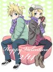  1girl aqua_eyes blonde_hair bonnet boots brother_and_sister casual chocolate gift happy_valentine headphones heart jacket kagamine_len kagamine_rin kase_daiki pantyhose scarf shared_scarf shoes short_hair siblings smile sneakers striped striped_scarf twins valentine vocaloid 