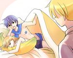  2boys bad_id bad_pixiv_id banana beckoning bed_invitation blonde_hair blue_scarf come_hither commentary english_commentary food fruit holding holding_food holding_fruit kagamine_len kagamine_rin kaito multiple_boys natsukijia on_banana pasties pillow pillow_hug purple_hair scarf sleeping under_covers vocaloid 