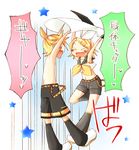  &gt;_&lt; 1girl bare_chest blonde_hair blush brother_and_sister closed_eyes clothes_theft crop_top kagamine_len kagamine_rin leg_warmers midriff motion_lines nao_(flake) navel open_mouth sailor_collar screaming shirtless short_ponytail shorts siblings spiked_hair surprised sweat theft translated twins undressing vocaloid 