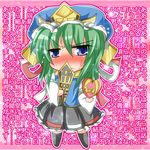  blue_eyes blush confession green_hair ikue_fuuji pov rod_of_remorse shiki_eiki solo thighhighs touhou translated tsundere valentine wall_of_text 