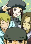  3boys \m/ bad_id bad_pixiv_id blonde_hair brown_eyes brown_hair closed_eyes durarara!! grin hat kadota_kyouhei karisawa_erika multiple_boys nyanyamin smile sweat togusa_saburou yumasaki_walker 