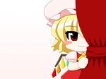  :3 blonde_hair blush_stickers chibi curtains dress flandre_scarlet hat peeking_out red_eyes short_hair smile solo touhou wings yamato_damashi 