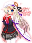  absurdres blonde_hair blue_eyes bow cape gift happy_valentine hat highres holding holding_gift little_busters! long_hair noumi_kudryavka pink_bow plaid plaid_skirt school_uniform shirotoshi skirt solo thighhighs valentine 