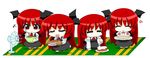  &gt;:) :3 =_= ^_^ bat_wings blush bowl cake chibi closed_eyes cooking dress electric_fan eyebrows food fruit gloves happy head_wings heart icing kneeling koakuma long_hair minigirl multiple_views musical_note necktie open_mouth oven_mitts pastry pun red_eyes red_hair sequential smile standing standing_on_one_leg strawberry touhou v-shaped_eyebrows very_long_hair whisk wings yamato_damashi 