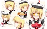  apron blonde_hair blue_hair blush box brown_hair closed_eyes embarrassed expressions food gift hat heart-shaped_box holding holding_gift incoming_gift kazetto lunasa_prismriver lyrica_prismriver merlin_prismriver multiple_girls pocky short_hair touhou translated tsundere valentine yellow_eyes 