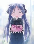  bad_id bad_pixiv_id box closed_eyes coat gift hair_ribbon heart-shaped_box hiiragi_kagami holding holding_gift incoming_gift isou_nagi jacket long_hair lucky_star purple_hair ribbon smile solo twintails valentine 