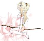  1girl bare_shoulders blonde_hair boots bow_(weapon) female final_fantasy final_fantasy_iv full_body high_heels long_hair looking_up lowres ponytail rosa_farrell sakurahoozuki shoes sitting solo thigh-highs thighhighs tiara weapon white_background 