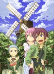  2boys apple asbel_lhant bad_id bad_pixiv_id blue_eyes blue_hair brown_eyes brown_hair carrying cheria_barnes food fruit hubert_ozwell marimo_(momiage) multiple_boys piggyback pink_hair tales_of_(series) tales_of_graces windmill younger 