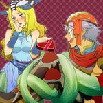  1boy 1girl armor bandana bandanna bare_shoulders blonde_hair blush braid final_fantasy final_fantasy_ii frioniel girl green_eyes grey_hair helmet hilda_(ff2) lamia long_hair lowres male masu monster_girl princess_hilda restrained short_hair tentacle tentacles_on_male wristband 