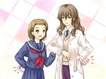  brown_eyes brown_hair edasaki_banri gift kiyama_harumi labcoat long_hair multiple_girls pencil_skirt piku school_uniform serafuku short_hair skirt to_aru_kagaku_no_railgun to_aru_majutsu_no_index valentine 