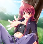  androgynous bad_id bad_pixiv_id blush fang male_focus mayokichi midriff navel pokemon pokemon_(game) pokemon_hgss red_eyes red_hair silver_(pokemon) solo sweat unbuttoned 