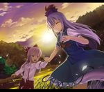  bad_id bad_pixiv_id blue_hair bow closed_eyes cloud fujiwara_no_mokou hair_bow hat hidebo holding_hands kamishirasawa_keine letterboxed long_hair multiple_girls nature peaceful red_eyes scenery silver_hair smile sun sunset touhou 