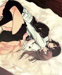  bad_id bad_pixiv_id bed brown_hair comrade_stalin copyright_request cuddling girl_sandwich long_hair lying multiple_girls sandwiched yuri 