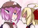  ahoge animal_ears blonde_hair blush close-up earlgrey food hair_ribbon hat imminent_kiss multiple_girls mystia_lorelei pink_hair pocky pocky_kiss purple_eyes ribbon rumia shared_food short_hair touhou yuri 