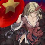  arcadia090 bad_id bad_pixiv_id blonde_hair breasts cleavage cuffs foreshortening highres horn hoshiguma_yuugi large_breasts long_hair red_eyes solo touhou 
