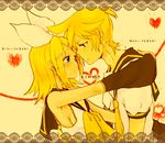  1girl bad_id bad_pixiv_id blonde_hair blush brother_and_sister hair_ornament hair_ribbon hairclip headphones incest kagamine_len kagamine_rin ribbon shinigami_a short_hair siblings twincest twins vocaloid 