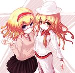  alice_margatroid alternate_costume ashiyama_yoshinori blonde_hair blue_eyes contemporary hairband hat kirisame_marisa multiple_girls short_hair skirt touhou yellow_eyes 