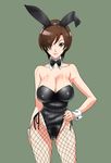 absurdres animal_ears blue_eyes breasts brown_hair bunny_ears bunnysuit cleavage fishnet_pantyhose fishnets highres hirabaru_kenji large_breasts lips meiko pantyhose short_hair simple_background solo vocaloid 