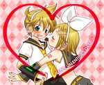  1girl aqua_eyes blonde_hair blush brother_and_sister closed_eyes hair_ornament hair_ribbon hairclip happy_valentine headphones heart hiyo_(hiyococco) incest kagamine_len kagamine_rin mouth_hold necktie ribbon siblings twincest twins valentine vocaloid yellow_neckwear 