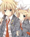  1girl arm_hug bad_id bad_pixiv_id badge blonde_hair brother_and_sister button_badge kagamine_len kagamine_rin necktie one_eye_closed red_neckwear short_hair shugao siblings twins vocaloid 