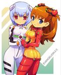  :&lt; ayanami_rei bad_id bad_pixiv_id blue_hair bodysuit brown_hair chibi chingisu holding_hands long_hair looking_back multicolored multicolored_bodysuit multicolored_clothes multiple_girls neon_genesis_evangelion orange_bodysuit plugsuit rebuild_of_evangelion red_bodysuit red_eyes shikinami_asuka_langley short_hair smile souryuu_asuka_langley test_plugsuit white_bodysuit 