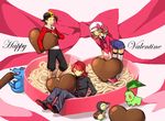  2boys alternate_costume backwards_hat bad_id bad_pixiv_id box box_of_chocolates chikorita chocolate cyndaquil gen_2_pokemon gold_(pokemon) happy_valentine hat heart heart-shaped_box highres kotone_(pokemon) leaning_forward multiple_boys obo one_eye_closed open_box pokemon pokemon_(creature) pokemon_(game) pokemon_hgss ribbon silver_(pokemon) totodile valentine 