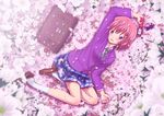  bag cellphone cherry_blossoms flower guttyod highres lying necktie original petals phone purple_eyes school_bag school_uniform shoe_dangle short_hair socks solo 