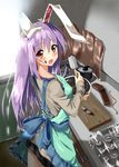  animal_ears apron blush bunny_ears chocolate chocolate_making cooking from_above long_hair piromizu purple_hair red_eyes reisen_udongein_inaba solo surprised touhou valentine 