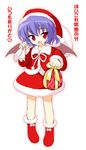  bat_wings blue_hair boots christmas gift hat holding holding_gift lowres marugoshi_(54burger) open_mouth red_eyes remilia_scarlet sack santa_costume santa_hat solo touhou wings 