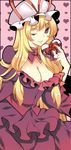  bad_id bad_pixiv_id blonde_hair box breasts cleavage dress hat heart heart-shaped_box large_breasts one_eye_closed roh_nam_kyung solo touhou valentine yakumo_yukari 