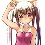  :o animal_ears arm_up ashihata blush brown_hair cat_ears head_tilt k-on! long_hair looking_at_viewer nakano_azusa one-piece_swimsuit one-piece_tan pink_swimsuit red_eyes simple_background solo swimsuit tan tanline twintails white_background 