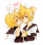  1girl bad_id bad_pixiv_id blonde_hair blush brother_and_sister hair_ribbon headphones heart incest kagamine_len kagamine_rin necktie noripiyo ribbon short_hair siblings twincest twins vocaloid 