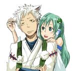  1girl animal_ears detached_sleeves ear_pull frog genderswap genderswap_(ftm) green_eyes green_hair hair_ornament inubashiri_momiji kochiya_sanae kyouno long_hair short_hair touhou white_hair wolf_ears yellow_eyes 