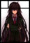  black_border black_eyes border circle_cut crossed_arms highres long_hair necktie otonashi_maria purple_hair solo ukai_saki utsuro_no_hako_to_zero_no_maria very_long_hair 