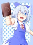  1girl bad_id bad_pixiv_id blue_eyes blue_hair blush bow chocolate cirno face food hair_bow one_eye_closed popsicle short_hair simple_background solo touhou uta_(kuroneko) valentine 