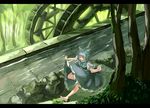  bad_id bad_pixiv_id barefoot blue_hair cirno feet frog jumping letterboxed nature short_hair solo stream touhou water water_wheel wings yasumo_(kuusouorbital) 
