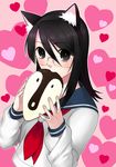  animal_ears bad_id bad_pixiv_id black_eyes black_hair cat_ears chocolate fujiyoshi_harumi glasses heart long_hair momo_uzura mouth_hold sayonara_zetsubou_sensei school_uniform serafuku solo valentine 